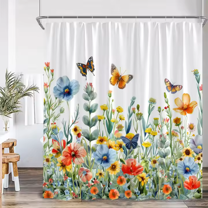 Cortina de ducha mariposa Floral flor planta rosa púrpura verde azulado mariposas decoración de baño elegante cortina de baño de poliéster moderna - 1