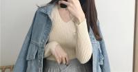 Suéter Sexy ajustado con cuello en V para mujer Manga larga de punto con parte inferior suave - details 9