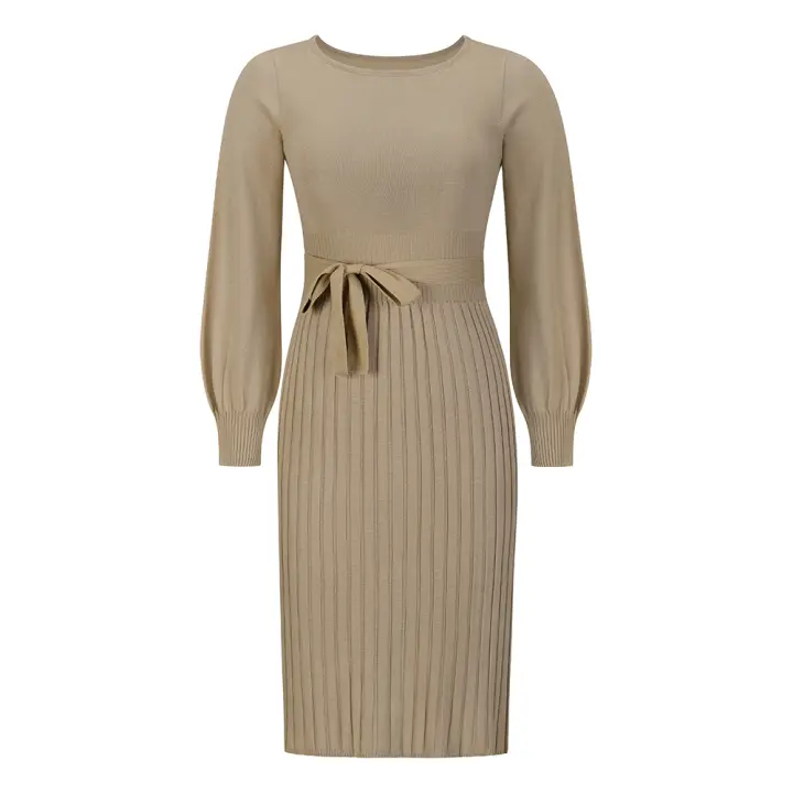 Vestido plisado de manga farol para mujer, estilo urbano, forma adelgazante, caqui S - 1