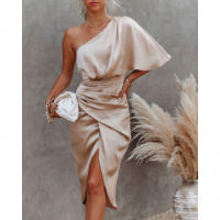 Elegante Vestido de Satén Sin Espalda Hasta el Hombro Desigualado, Vestido de Cóctel con Cremallera - details 5