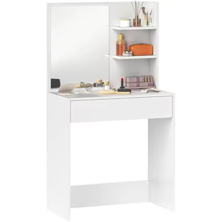 Tocador de Maquillaje con Espejo Mesa de Maquillaje con Cajón y Estantes Abiertos Tocador para Dormitorio Salón Blanco - 1