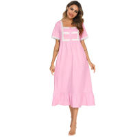 Camisón largo de algodón para mujer, ropa de dormir, cuello cuadrado, manga corta, camisón de longitud completa con bolsillos - details 3