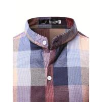 Camisa informal con estampado a cuadros y cuello alto de manga larga para hombre, primavera, otoño, al aire libre - details 5