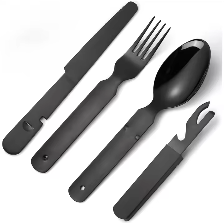 Entersports Cubiertos de Camping Plegables de Acero Inoxidable Cuchillo, Tenedor, Abrebotellas - 1
