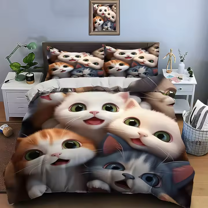 Juego de Ropa de Cama de Gatos de Dibujos Animados Conjunto de Cama de Lujo de Poliéster para Adultos y Niños Funda de Edredón, Fundas de Almohada, Accesorios de Dormitorio - 1
