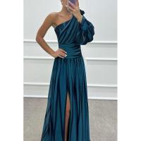 Vestido de gala largo asimétrico con estampado de rayas - Tul italiano holográfico y tecnología para graduaciones/bodas - details 11