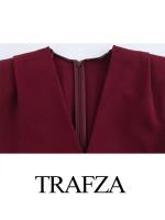 TRAFZA 2025 verano mujer moda tendencia vino rojo vestidos a media pierna ajustados mujer con plisado vestido de noche Vestidos - details 4