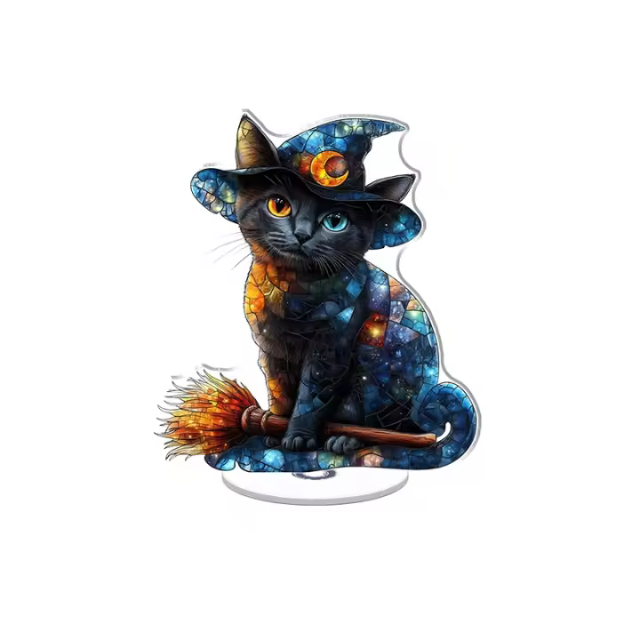 Adorno acrílico giratorio con un vívido gato negro de estilo victoriano con una luna amarilla y un sombrero de bruja en una escoba mágica sobre un fondo blanco - 1