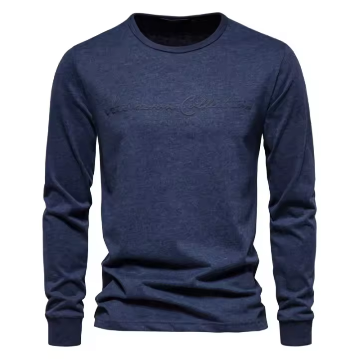 Camisa deportiva informal de Color sólido para hombre, cuello redondo, algodón puro, estampado de letras, camisa ttom de manga larga - 1