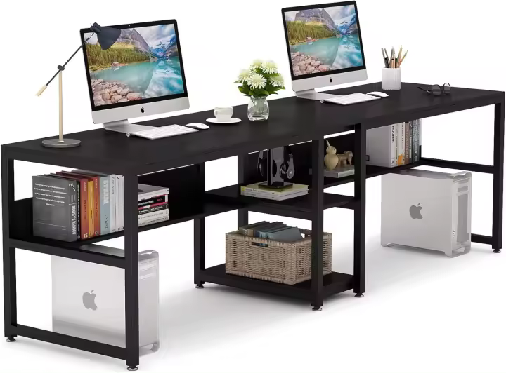 Escritorio para Dos Personas con estantería, Escritorio de Ordenador extralargo de 200 cm con Estante, Mesa de Estudio, Mesa de Juego, Escritorio Grande para Oficina en casa - 1