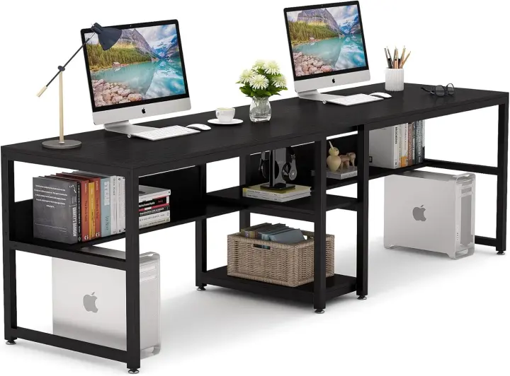 Escritorio para Dos Personas con estantería, Escritorio de Ordenador extralargo de 200 cm con Estante, Mesa de Estudio, Mesa de Juego, Escritorio Grande para Oficina en casa - 1