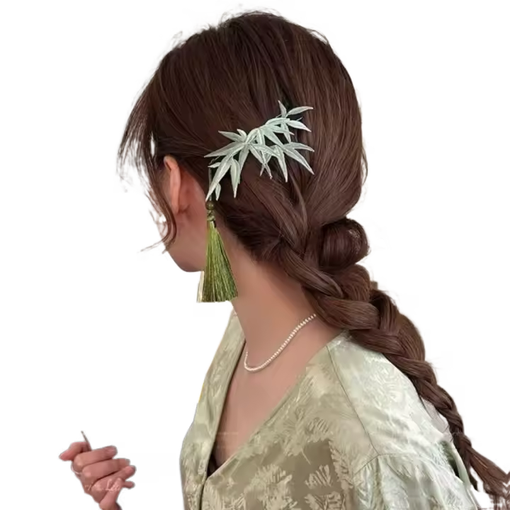Horquilla con borla de hoja, traje Tang, pinza para el pelo, estilo antiguo, horquilla de estilo antiguo, accesorios para el cabello para niña, tocado de estilo chino verde - 1