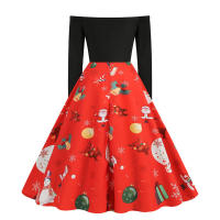 Vestido de fiesta con contraste de un hombro estilo estampado navideño - details 4