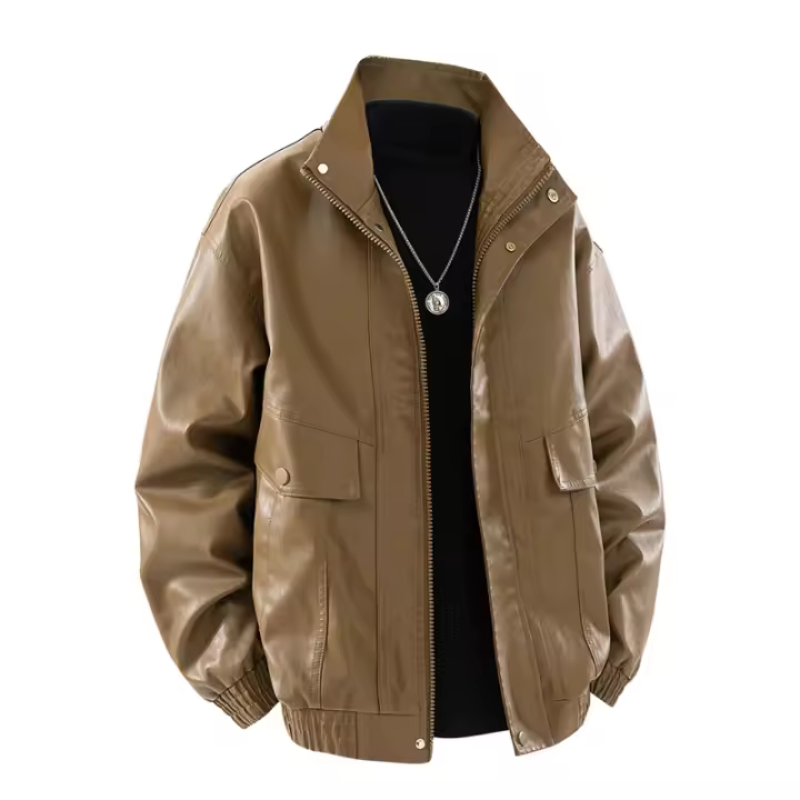 Chaquetas de cuero versátiles y holgadas para hombre, estilo casual, sencillo, sólido, para primavera y otoño, con solapa, cómodas, cortavientos, nueva moda. - 1