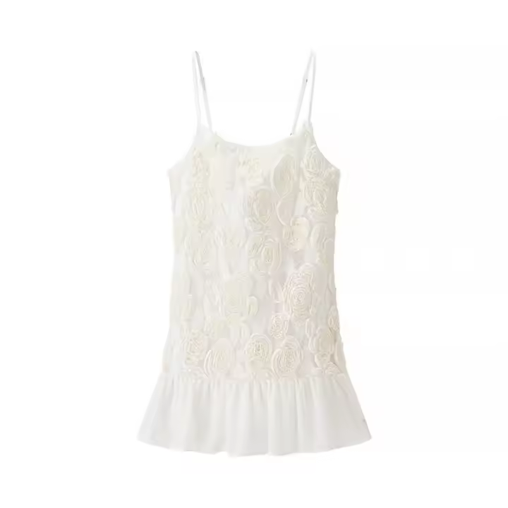 OUWU- Vestido con tirantes y empalme de flores tridimensionales, estilo europeo, nueva moda para mujer, ambiente que combina con todo - 1