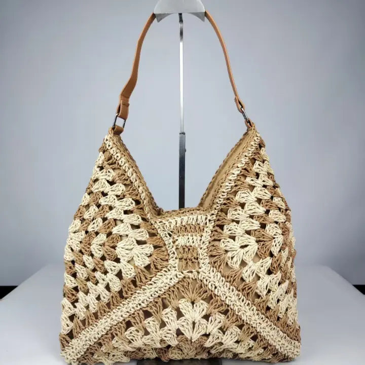 Bolso de ganchillo de paja de verano a la moda, bolso de hombro tejido para vacaciones de ocio, bolsos de viaje informales para mujer - 1