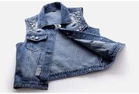 Chaleco Denim Vintage Chaleco Casual de Una Sola Pared para Mujeres Decoración de Cuentas Sueltas - details 3
