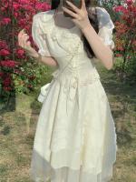 Vestido de manga corta con cuello cuadrado estilo socialité francés para mujer, nueva colección de verano, diseño ceñido y adelgazante en la cintura, - details 7