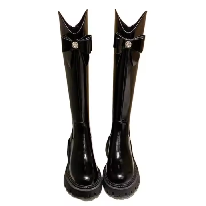 Botas de suela gruesa ajustadas para mujer, nuevo diseño estilo niño, arco, botas de caballero altas, 2024 - 1