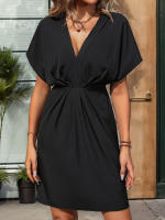 Vestido casual de mujer con cuello en V, manga corta, cintura alta, falda acampanada en negro - details 4