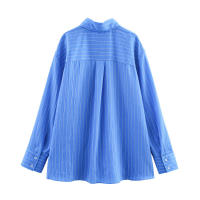 OUWU- Traje De Mujer Nuevo Verano 2025 Diseño De Rayas Azules Y Blancas Camisa Suelta De Manga Larga Conjunto De Pantalones Con Cordón Casual Y Perezoso - details 3