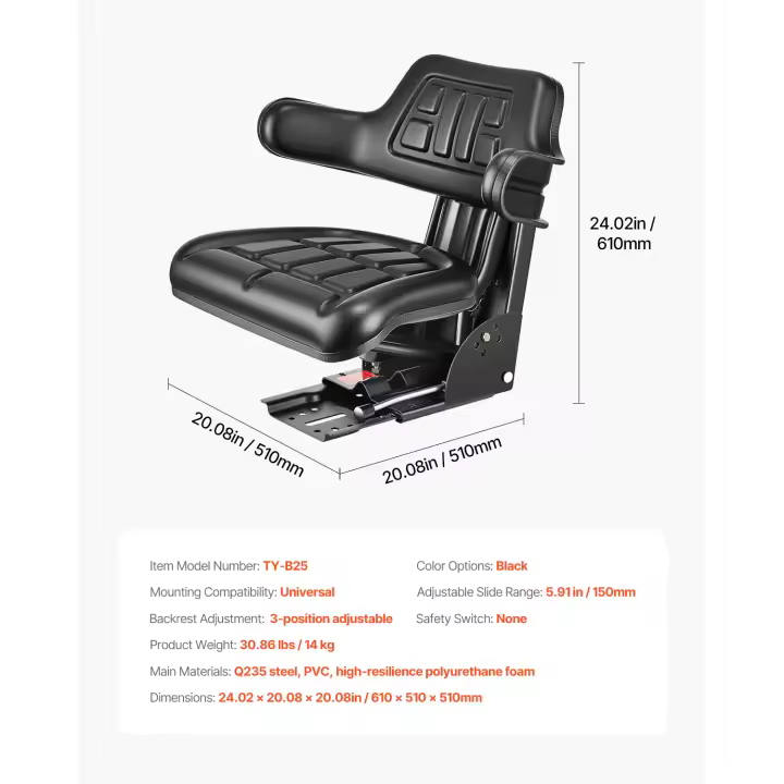 SucceBuy Asiento universal para carretilla elevadora, asiento con suspensión para tractor con respaldo ajustable, reposabrazos y cinturón de seguridad, asiento para tractor plegable seguro - 1