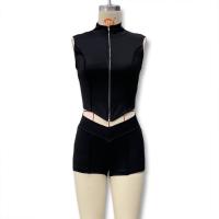 Conjunto de Top Corto Ajustado sin Cuello con Cremallera de Color Sólido para Mujer Primavera/Verano 2025 y Shorts Ajustados de Cintura Alta. - details 1