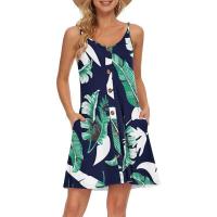 2025 Europa hermosa mujer verano delgado hombro botón cuello en V blusa de playa casual con vestido de bolsillo - details 13