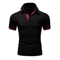 Polo de manga corta ajustado para hombre, camisa de cuello suave y sólido, trabajo, Golf, senderismo, informal, azul marino/blanco - details 16