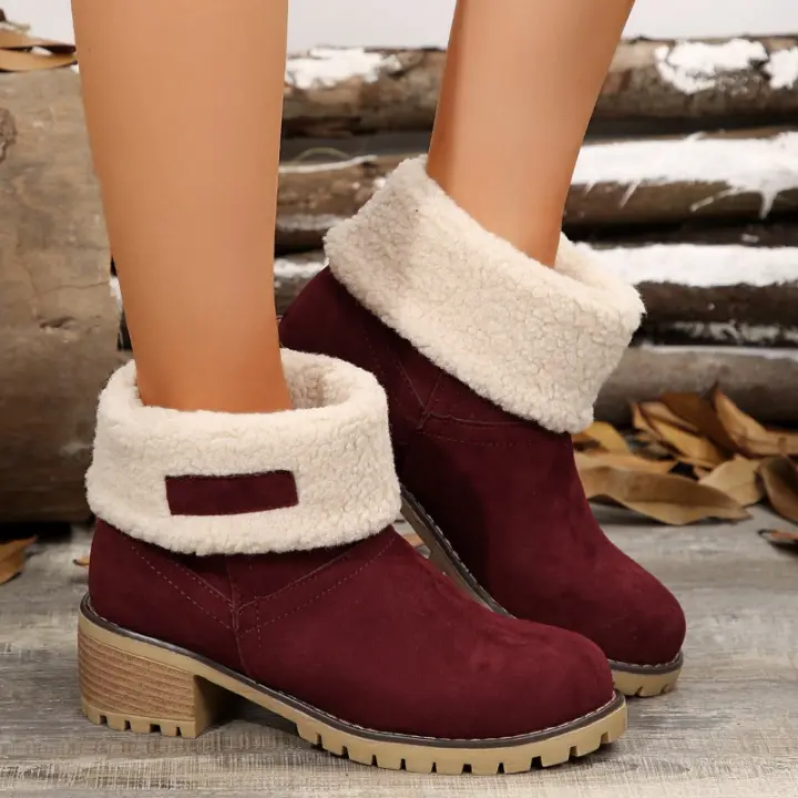 Botas de nieve de gamuza con tacón grueso para otoño e invierno, zapatos de algodón con manga de ocio, Color sólido, novedad de 2024 - 1