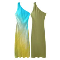 TRAFZA-Vestido largo hasta el tobillo con hombros descubiertos para mujer, traje asimétrico con pliegues y cremallera, moda de verano - details 1