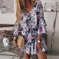Elegante Vestido de Fiesta Impreso para Damas Cuello en V, Manga Corta con Volantes, Corte A-línea, Dulce y Elegante de Verano - details 10