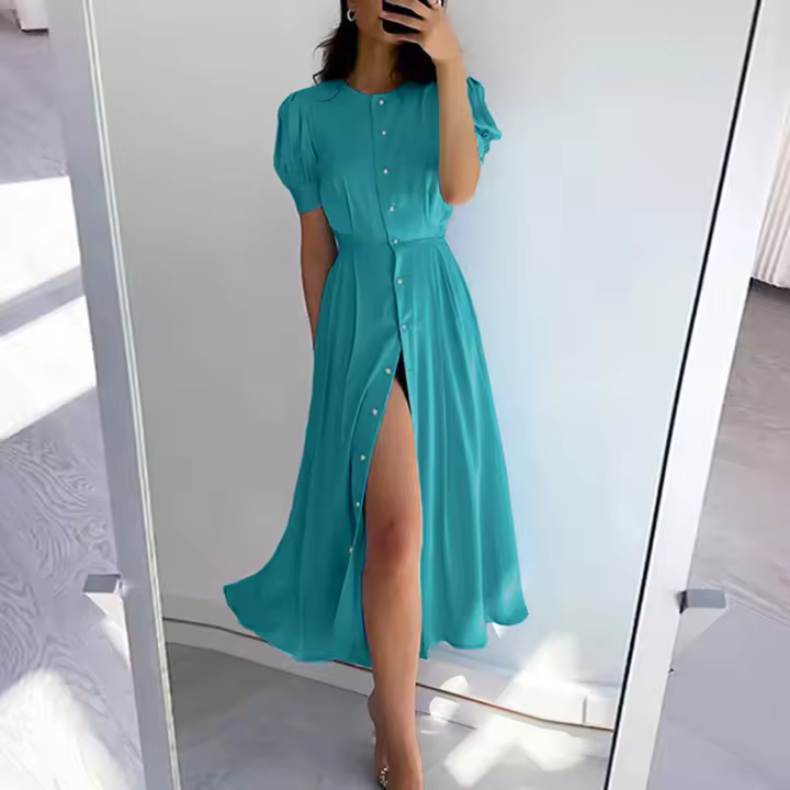 Vestidos largos de color liso para mujer, camisa midi con botones y cuello redondo para el trabajo, la escuela y el uso diario, verano - 1