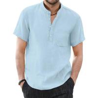 Camiseta de manga corta para hombre, camisetas informales de algodón y lino para hombre, camisa de verano de Color sólido, cómoda y transpirable - details 7