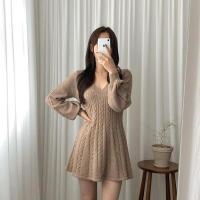 Falda corta de punto para mujer, ropa elegante de manga larga con cuello puntiagudo, usada, negra, invierno - details 25