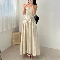 Vestido de tirantes de verano para mujer, falda acampanada plisada de cintura alta, vestido largo coreano Sle Pure Desire, cuello cuadrado, viaje dividido - details 7