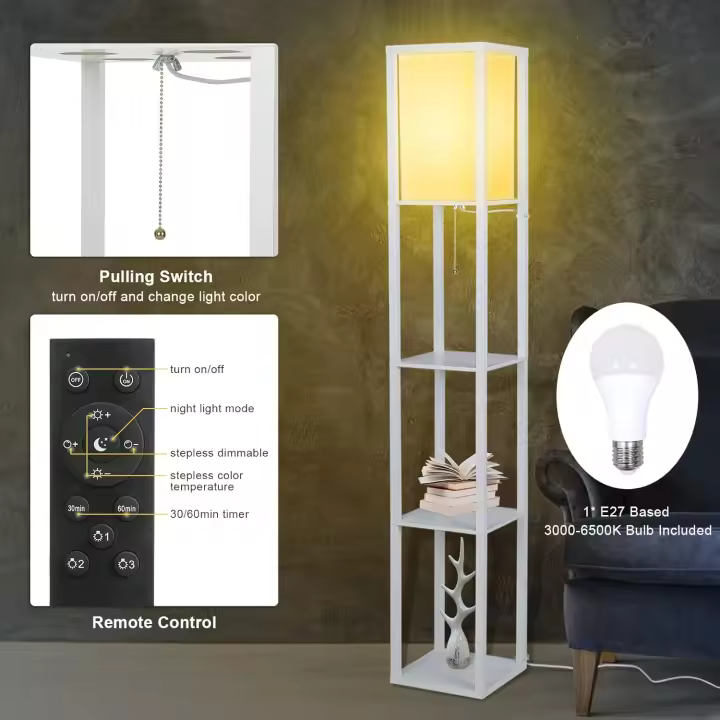 Lámpara de pie de madera con Control Remoto con Estantes Decorativos, Atenuador Dimmer Continuo 3 Temperaturas de Color (Negro) - 1