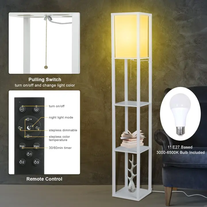 Lámpara de pie de madera con Control Remoto con Estantes Decorativos, Atenuador Dimmer Continuo 3 Temperaturas de Color (Negro) - 1