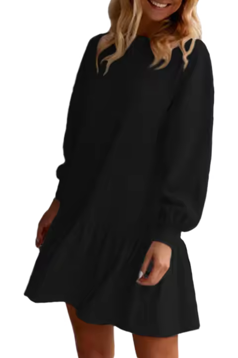 Elrachen Mini vestido de mujer con mangas abullonadas y dobladillo con volantes, vestido informal de color sólido, negro, tallas S-XL - 1