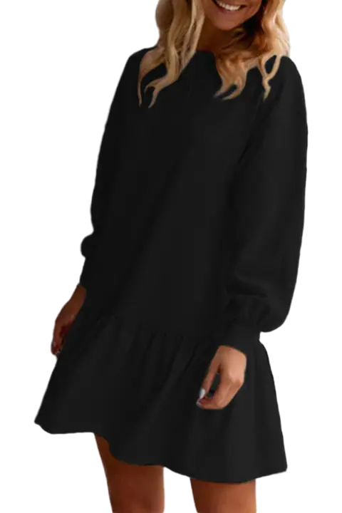 Elrachen Mini vestido de mujer con mangas abullonadas y dobladillo con volantes, vestido informal de color sólido, negro, tallas S-XL - 1