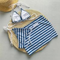 Microbikini Estampado de Rayas Azules Traje de Baño Sexy con Tanga y Cuello Halter para Mujer - details 2