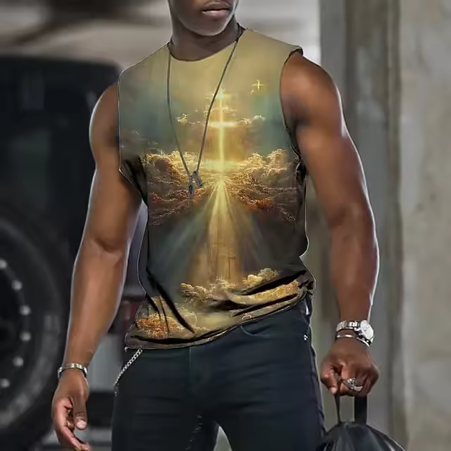 Chaleco estampado 3D para hombre, camiseta con cuello redondo cruzado, top deportivo sin mangas - 1