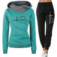 Conjunto De Ropa De Mujer Con Capucha Doble Y Estampado De Corazón 2 Piezas Camiseta De Manga Larga Y Pantalones Casuales Para Otoño E Invierno - details 2