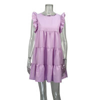 Falda larga plisada para mujer, manga de hoja de loto, cuello redondo, color sólido, lindo vestido de verano, nuevo - details 11