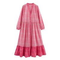 BUNO-2025 Vestido largo rosa de manga larga con estampado para mujer, cuello en V, diseño frontal con botones, dobladillo acampanado con volantes, estilo bohemio - details 0