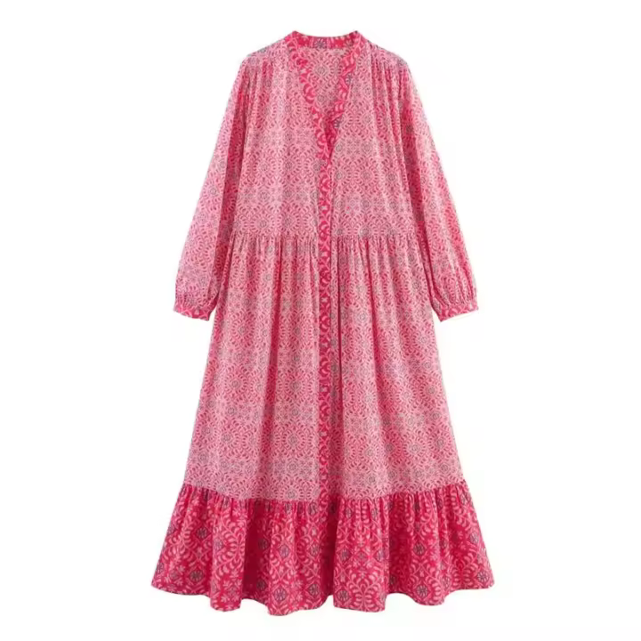BUNO-2025 Vestido largo rosa de manga larga con estampado para mujer, cuello en V, diseño frontal con botones, dobladillo acampanado con volantes, estilo bohemio - 1