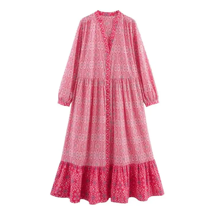 BUNO-2025 Vestido largo rosa de manga larga con estampado para mujer, cuello en V, diseño frontal con botones, dobladillo acampanado con volantes, estilo bohemio - 1