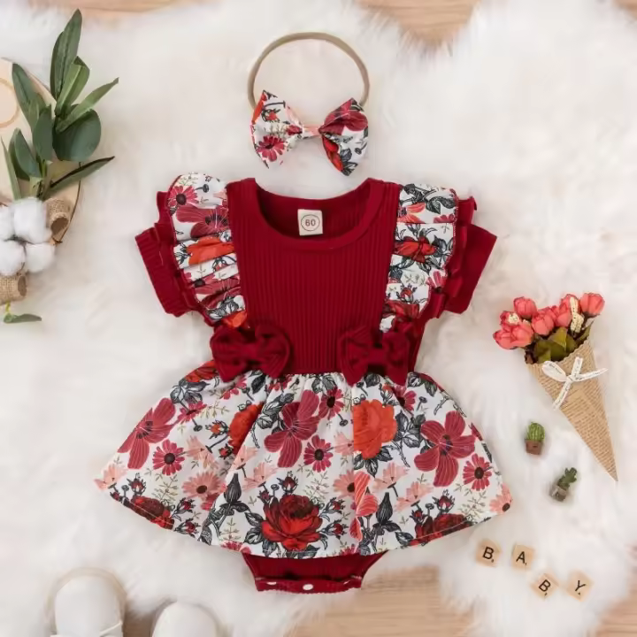 Vestido de verano para niña bebé, mono a rayas con lazo, vestido de algodón para recién nacido, ropa Floral, ropa para gatear - 1
