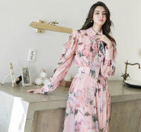 BGTEEVER-vestido de gasa con estampado Floral para mujer, traje elegante de manga larga con cuello de lazo, cintura ajustada, primavera y otoño - details 16