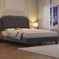 Tapizado en terciopelo Cama de matrimonio con cabecera ajustable en altura Marco de cama Soporte con listones de madera 160 × 200 cm Beige - details 29